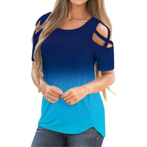 Off-shoulder Women T-Shirt Summer Short Sleeve Strappy Gradient Print Summer Casual Tshirt Womens Camisetas Mujer Manga Corta