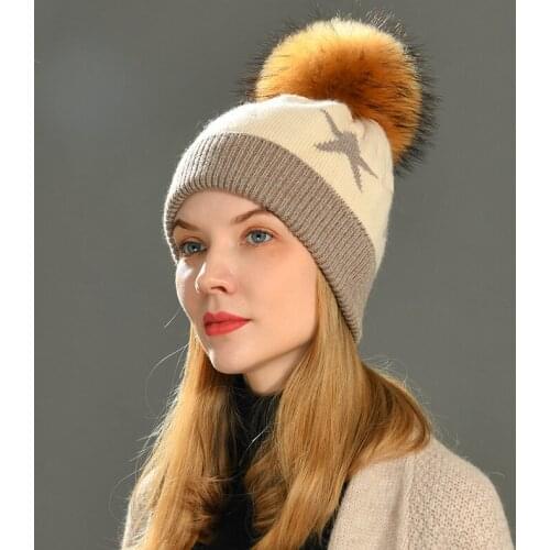 Women Real Fur Hat Big Raccoon Fur Pom Pom Beanies Hat Winter Autumn Knitted Wool Skullies Cashmere Cap Warm