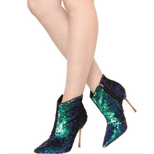 Hot Peacock Green Sequined Party Booties Shoes Women Pointed Toe Stiletto High Heel Mujer Bling Bling Multicolored Ankle Boots