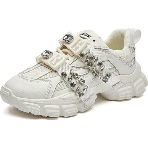 Autumn Women Casual Sneakers Ladies Real Leather Platform Shoes Girls Rhinestone Chunky Sneakers Female Brand Sneakers Trainers