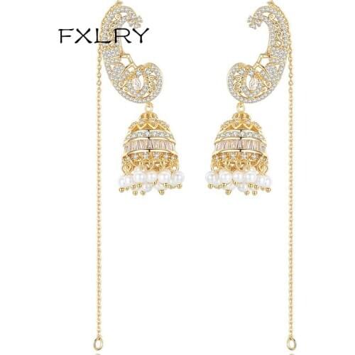 FXLRY Personality Drop Earring With CZ Gorgeous Bright Crystal Imitation Pearls Long Chain Earrings For Women Party Wedding Fas