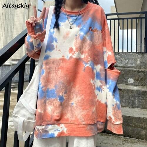 Hoodies Women Letter Embroidery Tie-dye Around Neck Couple Vintage Womens Loose Oversize Chic Sweatshirts Harajuku High Street