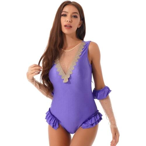 Women Show Costumes Sheer Mesh Patchwork Lace Trim Ruffled Sleeveless Bodysuit Trapeze Artist Cosplay Outfits with Oversleeve