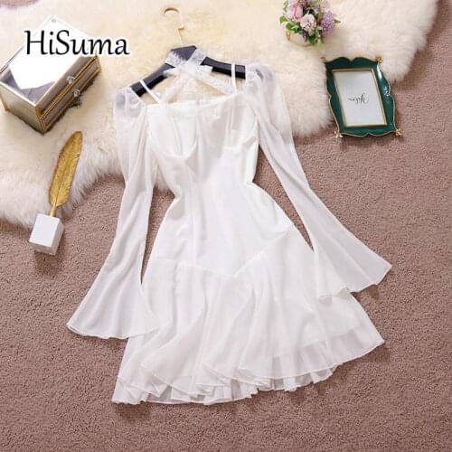 2021 summer new women halter collar flare sleeve ruffles chiffon lace A-line dress female Chic pure white elegant waist dresses
