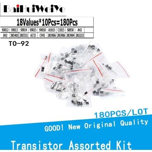 180PCS/LOT Triode Transistor Assorted Kit 18kinds*10pcs=180pcs 2N2222 S9013 S9014 S9015 S9018 S8050 S8550 5551 5401 2N3904 TO-92
