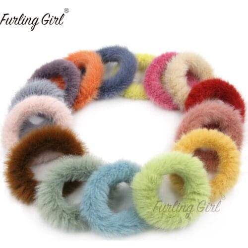 Pack of 2 Faux Mink Fur Elastic Hair band Winter Candy Color Hair Scrunchies Macaron Hair Tie