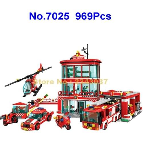 7025 969pcs Urban Fire General Fire Bureau Firefighting Truck Car Motorcycle 6 Building Blocks Toy