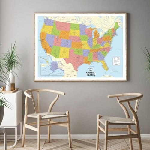 A2 Size Canvas Printed Map of The United States Unframed Spray Painting Roll Packaged America Map for Home Office Decor