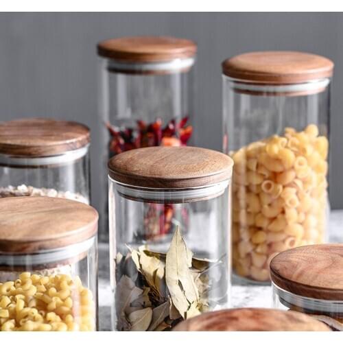 Wooden Lid Candy Jar Glass Sugar Cans Borosilicate Transparent Glass Storage Tank Candy Jar Decorative Portable Food Container
