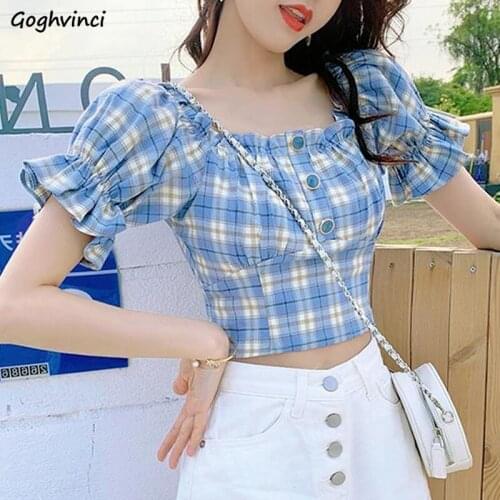 Plaid Blouses Women All-match Button Slim Sexy Crop Navel Leisure Fashion Design Slash-neck Camisa Summer Cropped Female Tender