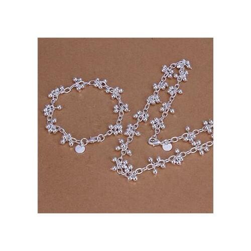 Big Sale Womens Jewelry Polished Bracelets + Necklace Silver color Plated Pearl European Jewelry Sand Beads Set