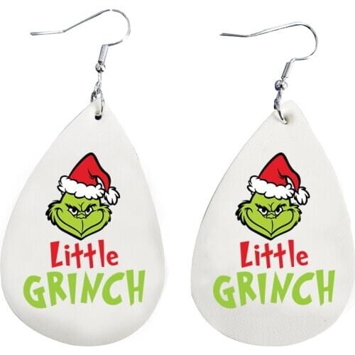 Little Mama Grinch Santa Earrings Christmas Black Red Buffalo Plaid Pattern Leaf Faux Leather