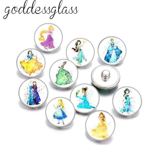 Disney Princesses Belle Elsa Anna Cinderella 10pcs Round photo glass 18mm snap buttons for 18mm snap bracelets jewelry wholesale