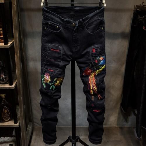 Pantolon Erkek Jean Wind Phoenix Embroidery Jeans Mens Black Slim Small Straight Tube Army Green Hole Red Elastic Overalls