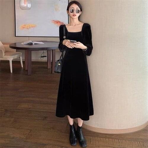 Elegant Long Puff Sleeve A-Line Velvet Women Dress 2020 Solid Slim Evening Party Dresses Female Vestidos Plus Size S-5XL 6XL