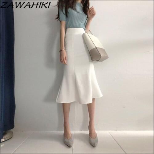 ZAWAHIKI Korean Elegant Fashion Womens Skirts Summer 2021 High Waist Ruffles Slim Body Mermaid Skirts Solid Mid-calf Skirts
