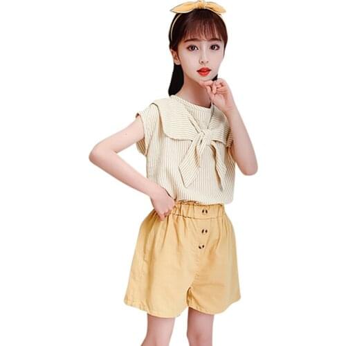 Girls Summer Clothes Striped Vest + Short Childrens Clothes For Girls Bow Teenage Clothes For Girls Casual Style Childrens Cos