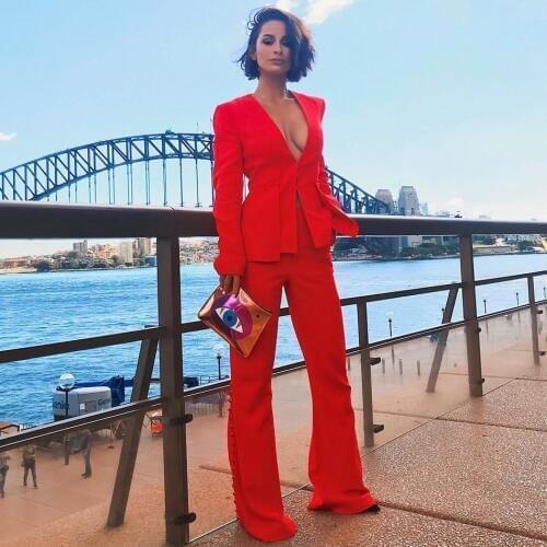 Hot Sale Flare Leg Red Blazer Two Piece Pants Set Long Sleeve Deep V Neck Button Embellished Solid Long Leg Femme Pants
