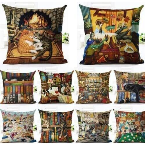 Cute Cat Printed Pattern Cotton Linen Decorative Pillow Case Pillowcase Christmas Chair Cushion Cover Home Decoration