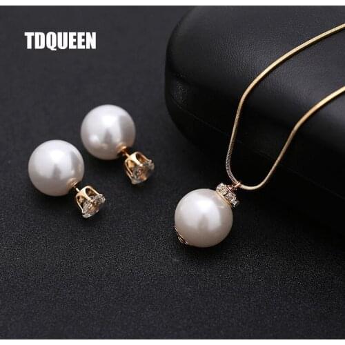 Imitation Pearl Jewelry sets for Women Gold-color Metal Chain Round White Pearl Necklace and Earing set Austrian Crystal Jewelry