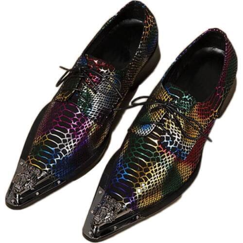 British Type New high-heeled Ponited metal Toe mens shoes Lace-up Mens Party Wedding Shoes Snake Pattern, EU38-46