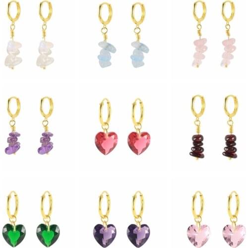 CANNER New Heart-shaped Stacked Natural Stone Hoop Earrings 925 Sterling Silver Ear Buckle Minimalist pendientes plata 925