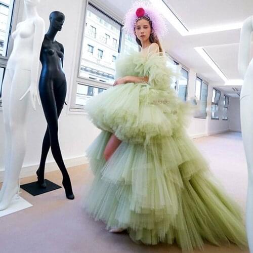 Pretty Mint Green Puffy Tulle High Low Women Formal Event Party Dress Ruffles Tiered Long Prom Gowns Candy Girl Dress Robe