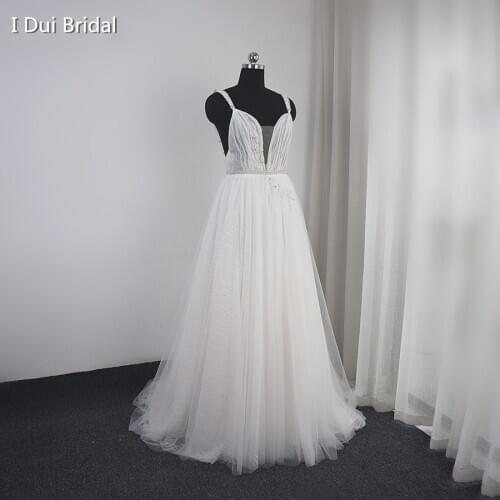 Pleated Corset Lace Wedding Dress A Line Low Back Beaded Plunging Neck Factory Real Photo Custom Made