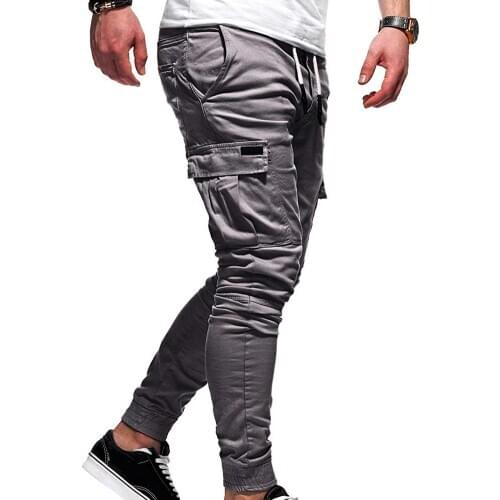 Casual Men Solid Color Multi Pocket Drawstring Ankle Tie Cargo Pants Trousers punk