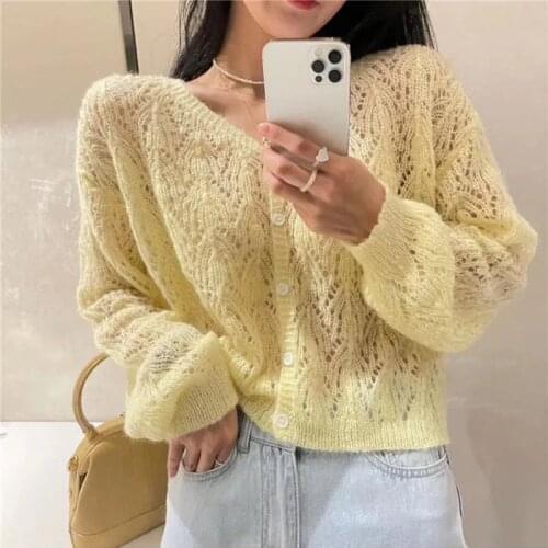 Casual Gentle Summer Hollow Spring Cardigan Sweater Jacket Bright Yellow Candy Color All-match Basic 2021 New