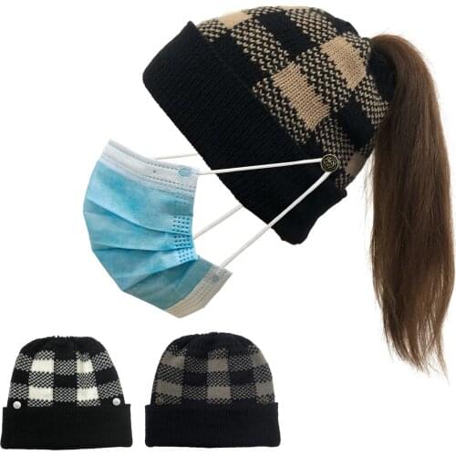 Buttons Can Hang Masks Beanie Hats for Women Horsetail Beanies Bonnet Chapeau Femme Cap Gorras Para Mujer Caps Gorros Hats Hat