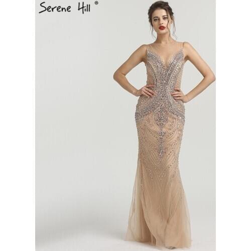 Sexy Arabic Long Vestido Champagne Crystal Beaded Mermaid Formal Evening Party Prom Gown Dress Abiye Dress Abendkleider BLA6567