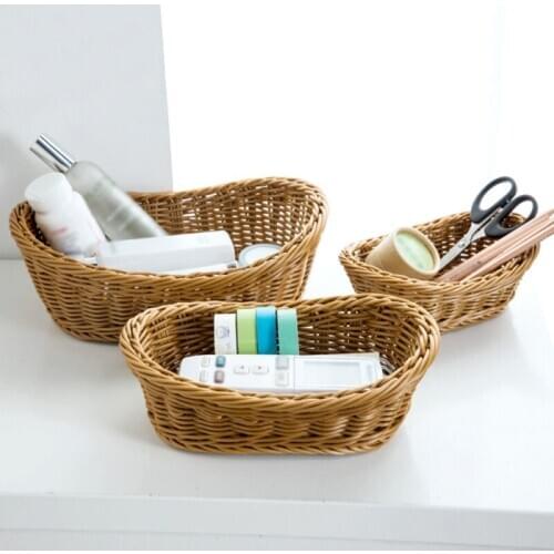Wicker Woven Basket Bread Tray Serving For Food Fruit Cosmetic Storage Tabletop Bathroom Storage Kitchen Organizer