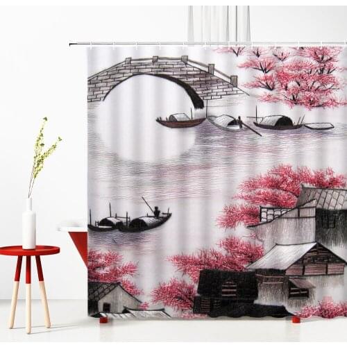 Modern Ink Painting Art Shower Curtain 3D Chinese Classical Architecture Arch Bridge Polyester Home Decor Curtains Washable