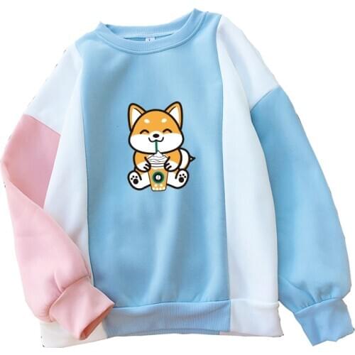 Streetwear Casual Kawaii Cartoon Shiba Print Sweatshirt Women Autumn Winter Fleece Thick Contrast Color Patchwork O-neck Hoodies