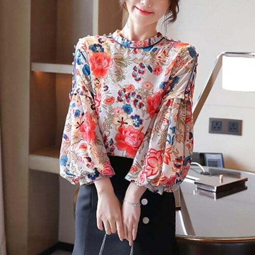 2021 Spring summer Women Blouses Fashion Chinese style vintage floral shirts Blouse Long lantern sleeve Tops Blusas Mujer