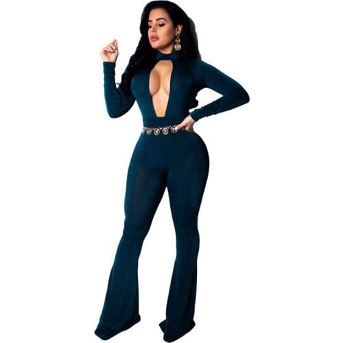 Mock Neck Sexy Party Jumpsuit Women Autumn Winter Overalls One Piece Hollow Out Front Flare Pants Long Rompers Velvet Jumpsuit