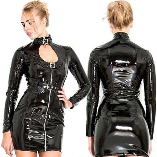 Plus Size Women Pole Dance Zipper Erotic Clothes PVC Faux Leotard Leather Sexy Dress Latex Bodysuit PVC Dress