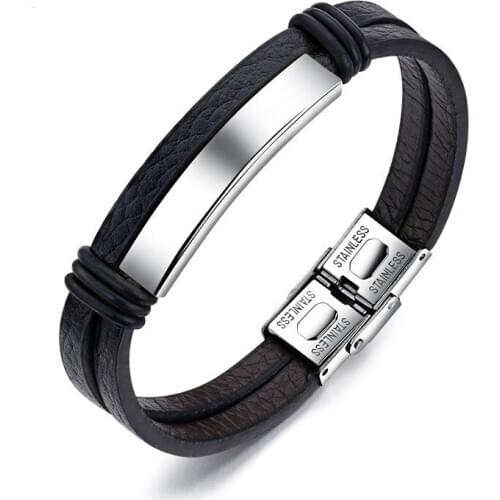 Modyle Bracelets & Bangles Stainless Steel Leather Bracelet Men Jewelry Punk Name Black 22cm Charms Fashion Bangles