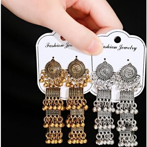 2020 Sliver Color Boho Vintage Ethnic Oxidized Long Bells Dangle Hanging Earrings Afghan Womens Indian Jhumka Gypsy Jewelry