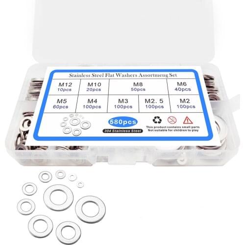 580Pcs 304 Stainless Steel Washer Set M2 M2.5 M3 M4 M5 M6 M8 M10 M12 Flat Washer Ring Washer Classification Kit