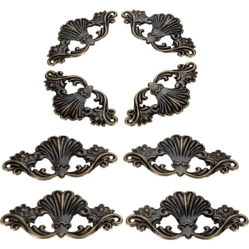 8pcs/lot Wood Box Corner w/screw Jewelry Case Edge Protector Antique Bronze Flower Shape Patch Vintage Cover 97*47mm Old Chinese
