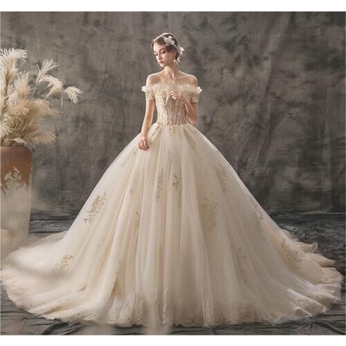 Ball Gown Long 2021 New Wedding Dresses Women Bridal Dress Royal Train Lace Embroidery Skirt Beads Boat Neck Pearls
