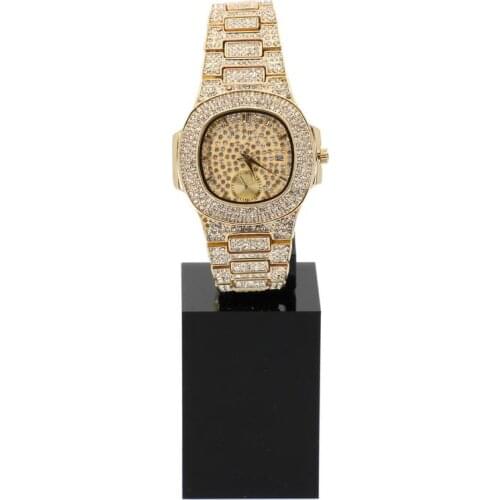Hip Hop Iced Out Gold Color Watch Quartz Luxury Full Diamond Round Watches Mens Stainless Steel Wristwatch Gift