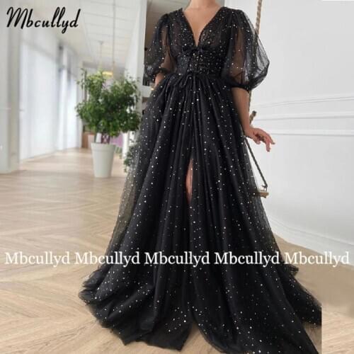 Black Long Evening Dresses Starry Split Tulle Evening Gowns V Neck Half Sleeves A-Line Ruched Prom Dresses for Women Party
