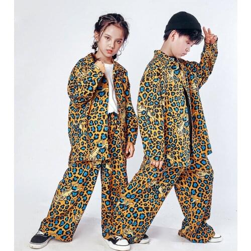 Kid Cool Hip Hop Clothing Leopard Print Oversized Shirt Top Wide Leg Streetwear Pants for Girls Boys Jazz Dance Costume Clothes