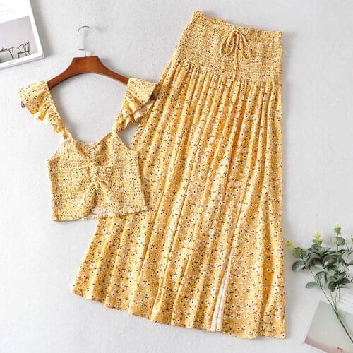 Jastie 2 Piece Set Women Boho Floral Print Set Summer Dress Straps Crop Top + Maxi Skirt Two Piece Set Gypsy Beach Long Dresses