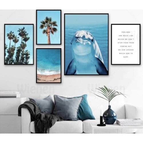 Seascape Deco Painting Dolphin Beach Tree Quotes Blue Landscape Canvas Painting Nordic Posters and Prints Wall Artist Home Decor