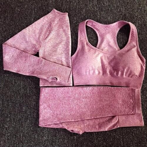 Women 3 Pcs Sports Suits Set Yoga Sets Gym Fitness Athletic Pants Joggers Sportswear Leggings Shirt Bra Seamless Sports Active