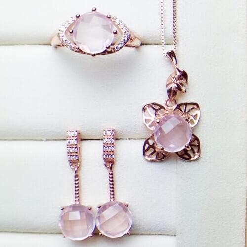 Per jewelry Natural real round rose quartz jewelry set 1pc ring 1pc pendant 1pair drop earring 925 sterling silver R2031817